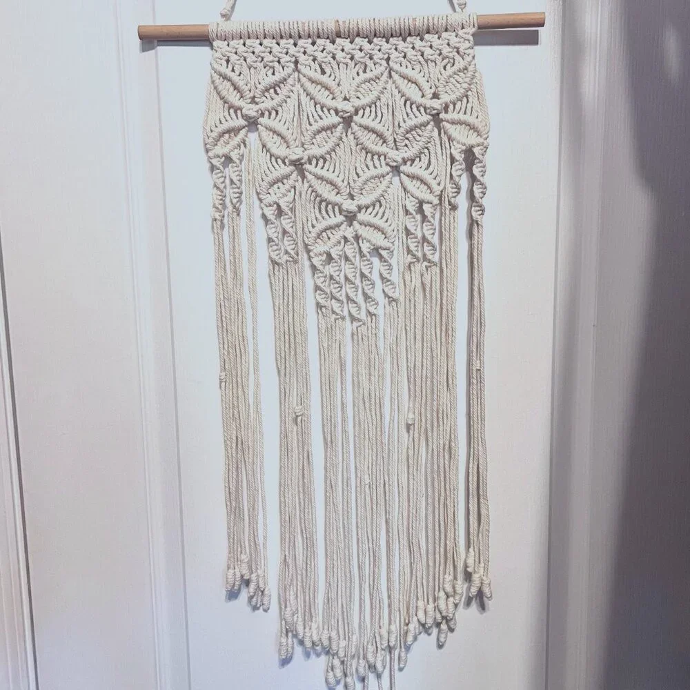 Macrame/Crocheted Wall Hanging-Ivory/Cream-Bohemian-Wood Dowel-Knots-Twist-Flow